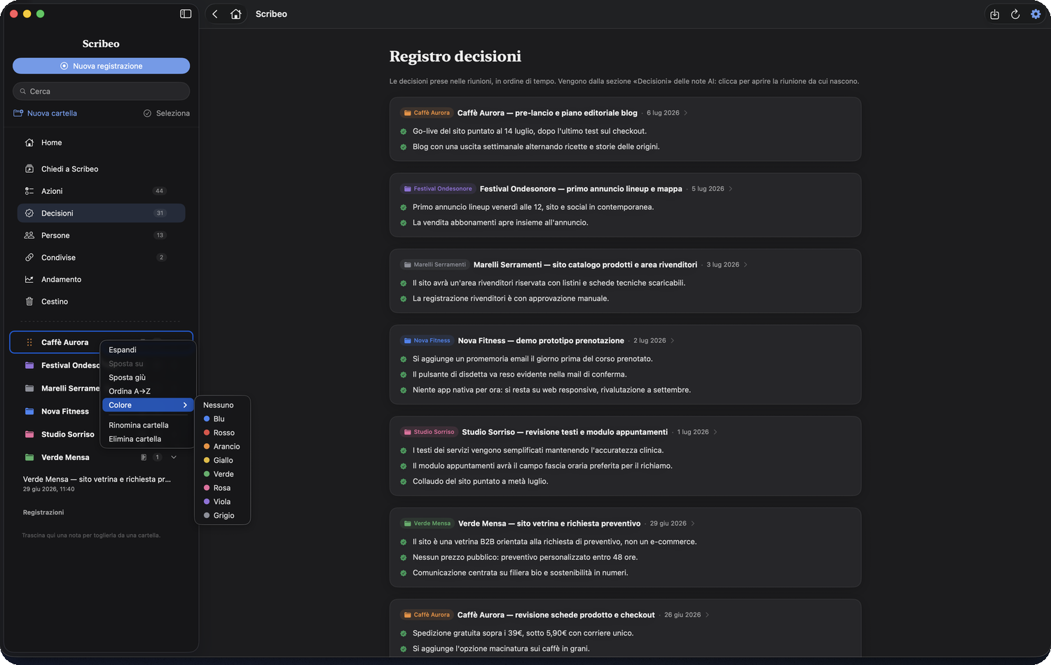 Il registro Decisioni di Scribeo in tema scuro